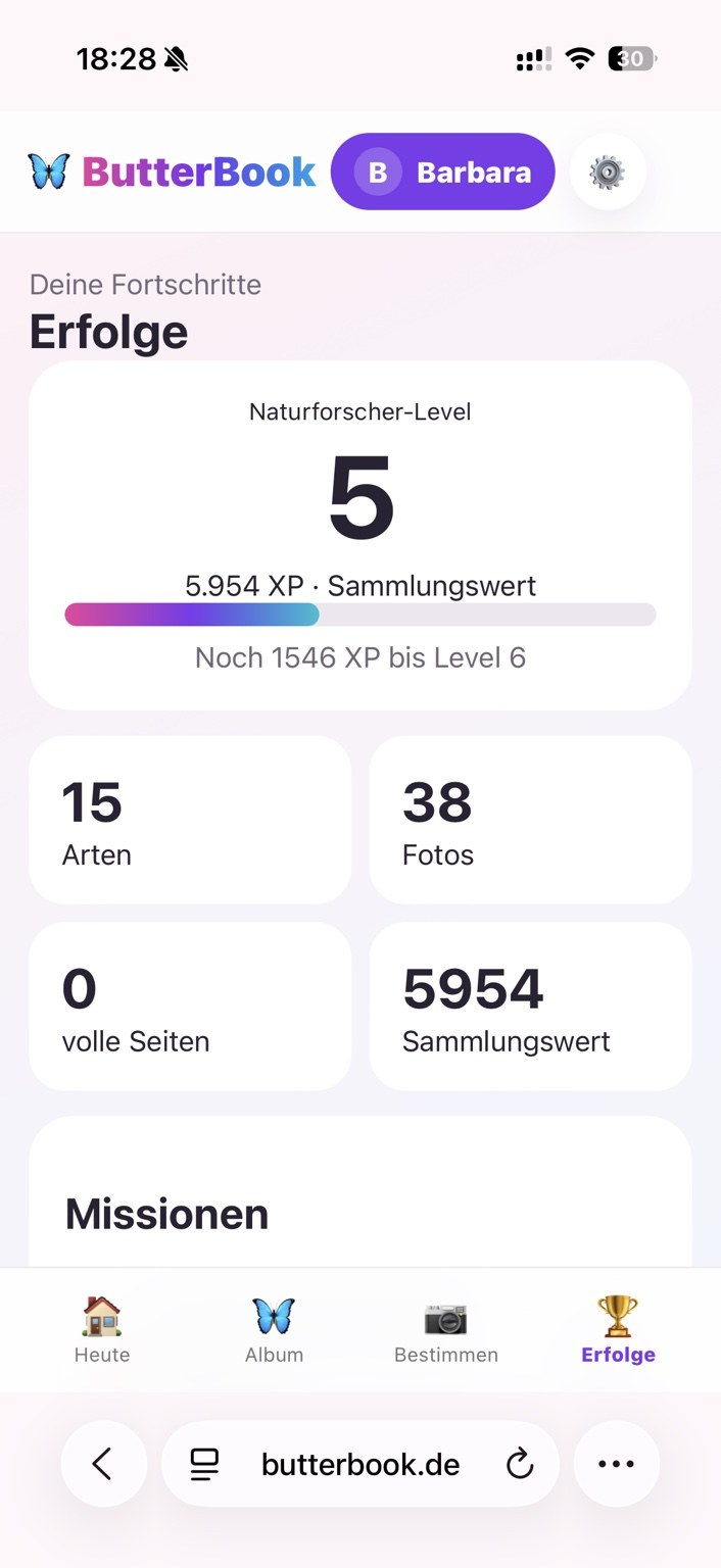 ButterBook Erfolge mit Level und XP
